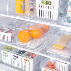 OU Fridge Organizer Bin with Vented Lid, Clear Stackable Refrigerator Storage Bin, Produce Kitchen Storage Container, 11.8" Depth, BPA Free