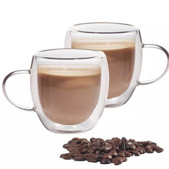 Double Walled Insulated Glasses Set of 2 - Clear Coffee Mugs with Handles, Durable Lightweight Glass - 8.5 OZ