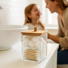 Acrylic Q tip Dispenser with Bamboo Lid, 2 Tier Stackable Square Cotton Swab & and Ball Organizer for Bathroom or Vanity, Compact Apothecary Jar