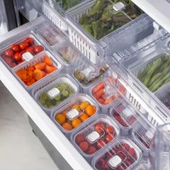 OU Fridge Organizer Bins with Drain Basket & Vented Lid, Clear Stackable Refrigerator Storage Container, Produce Kitchen Storage Bin, BPA Free