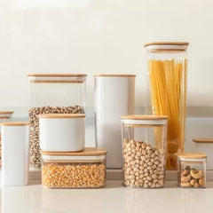 OU Food Storage Container Set 16pc (set of 8) Clear Airtight Plastic Storage Container Leak Proof Bamboo Lids, Stackable Kitchen Pantry Organizer Jars