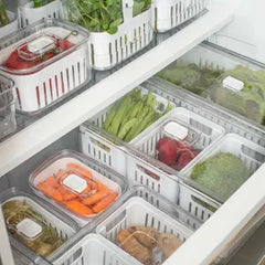 OU Fridge Organizer Bin with Drain Basket & Vented Lid, 5.3qt Clear Stackable Refrigerator Storage Bin, Produce Kitchen Storage Container, BPA Free