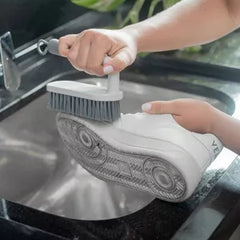 OU Scrub Brush with Ergonomic Handle, All Purpose Heavy Duty Cleaning Scrubber for Bathroom & Kitchen with Nonslip Handle, Scraper Edge & Hanging Loop