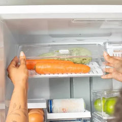 OU Fridge Organizer Bin with Vented Lid, Clear Stackable Refrigerator Storage Bin, Produce Kitchen Storage Container, 11.8" Depth, BPA Free