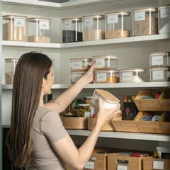 OU Food Storage Container Set 16pc (set of 8) Clear Airtight Plastic Storage Container Leak Proof Bamboo Lids, Stackable Kitchen Pantry Organizer Jars