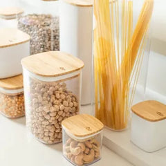 OU Airtight Food Storage Container Set 8pc (set of 4) Clear Plastic Storage Container w Leak Proof Bamboo Lid, Stackable Kitchen Pantry Organizer Jars