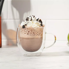 Double Walled Insulated Glasses Set of 2 - Clear Coffee Mugs with Handles, Durable Lightweight Glass - 8.5 OZ