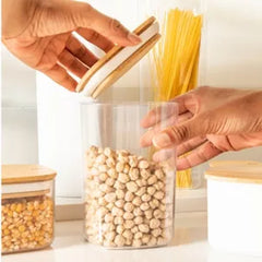 OU Airtight Food Storage Container Set 8pc (set of 4) Clear Plastic Storage Container w Leak Proof Bamboo Lid, Stackable Kitchen Pantry Organizer Jars