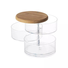 Makeup Organizer 3 Tier Rotating with Bamboo Lid, Clear Acrylic Jewelry Holder, Nonslip 360° Rotating Storage Tray