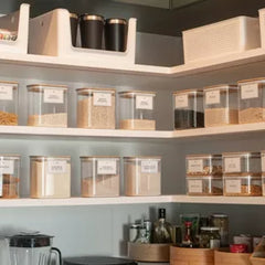 OU Food Storage Container Set 16pc (set of 8) Clear Airtight Plastic Containers, Leak Proof Bamboo Lids, Stackable Kitchen Pantry Organizer Jars