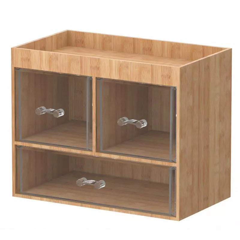 Bamboo Cosmetic Drawer Organizer with Open Shelf & 3 Acrylic Drawer Compartments, Nonslip Makeup, Jewelry & Skincare Organizer