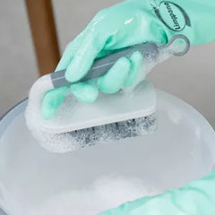 OU Scrub Brush with Ergonomic Handle, All Purpose Heavy Duty Cleaning Scrubber for Bathroom & Kitchen with Nonslip Handle, Scraper Edge & Hanging Loop