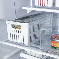 OU Fridge Organizer Bins with Drain Basket & Vented Lid, Clear Stackable Refrigerator Storage Container, Produce Kitchen Storage Bin, BPA Free, 4 Pack