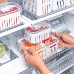 OU Fridge Organizer Bin with Drain Baskets & Vented Lid, 2.3qt Clear Stackable Refrigerator Storage Bin, Produce Kitchen Storage Container, BPA Free
