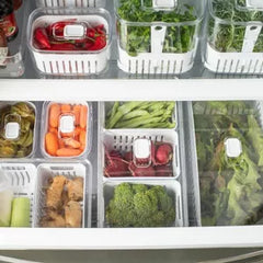OU Fridge Organizer Bin with Drain Basket & Vented Lid, Clear Stackable Refrigerator Storage Container, Produce Kitchen Storage Bin, BPA Free, 4 Pack