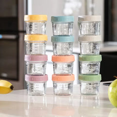 Baby Feeding Set, Silicone Baby Fruit Feeders, Baby Bibs & 12-Piece Glass Baby Food Storage Containers w/ Lids. Baby Must-Have, BPA-Free Easy to Clean