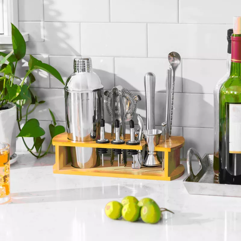 Cocktail Shaker Set Bartender Kit with Bamboo Stand 16 Piece Barware Mixing Tools, Stainless Steel