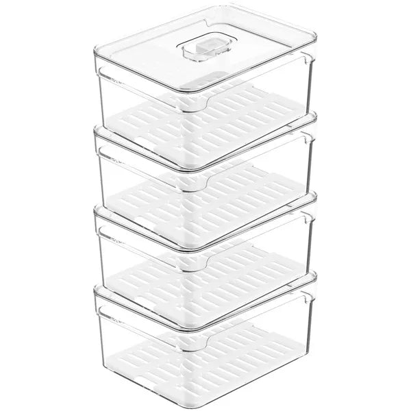 OU Fridge Organizer Bins with Vented Lid, Clear Stackable Refrigerator Storage Container, Produce Kitchen Storage Bin, BPA Free, 4 Pack