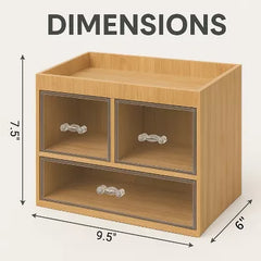 Bamboo Cosmetic Drawer Organizer with Open Shelf & 3 Acrylic Drawer Compartments, Nonslip Makeup, Jewelry & Skincare Organizer