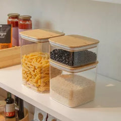 OU Food Storage Container Set 16pc (set of 8) Clear Airtight Plastic Storage Container Leak Proof Bamboo Lids, Stackable Kitchen Pantry Organizer Jars