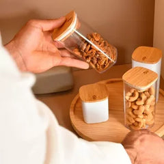 OU Food Storage Container Set 32pc (set of 16) Clear Airtight Plastic Containers, Leak Proof Bamboo Lids, Stackable Kitchen Pantry Organizer Jars