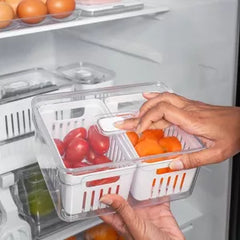 OU Fridge Organizer Bin with Drain Baskets & Vented Lid, 2.3qt Clear Stackable Refrigerator Storage Bin, Produce Kitchen Storage Container, BPA Free