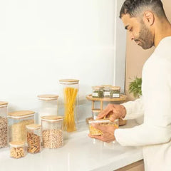 OU Airtight Food Storage Container Set 8pc (set of 4) Clear Plastic Storage Container w Leak Proof Bamboo Lid, Stackable Kitchen Pantry Organizer Jars