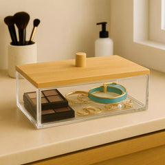 Acrylic Makeup Organizer with Bamboo Lid, Clear Nonslip Rectangular Cosmetic Storage Box for Bathroom & Vanity, Durable & Stylish Countertop Organizer