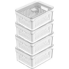OU Fridge Organizer Bins with Drain Basket & Vented Lid, Clear Stackable Refrigerator Storage Container, Produce Kitchen Storage Bin, BPA Free, 4 Pack