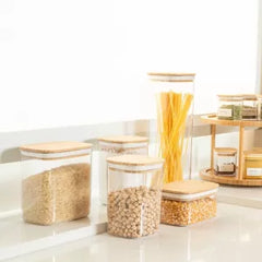 OU Airtight Food Storage Container Set 8pc (set of 4) Clear Plastic Storage Container w Leak Proof Bamboo Lid, Stackable Kitchen Pantry Organizer Jars