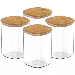 OU Airtight Food Storage Container Set 8pc (set of 4) Clear Plastic Storage Container w Leak Proof Bamboo Lid, Stackable Kitchen Pantry Organizer Jars