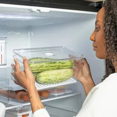 OU Fridge Organizer Bin with Vented Lid 5.3qt, Clear Stackable Refrigerator Storage Bin, Produce Kitchen Storage Container, BPA Free