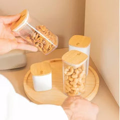 OU Food Storage Container Set 32pc (set of 16) Clear Airtight Plastic Containers, Leak Proof Bamboo Lids, Stackable Kitchen Pantry Organizer Jars