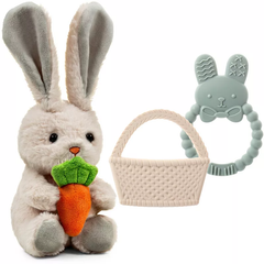 Easter Plush and Teether Baby Playset - Squeaky Bunny, Chicken, Easter Egg, Plush Toys and Silicone Teethers - Perfect Gift for Newborns and Babies
