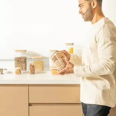 OU Airtight Food Storage Container Set 8pc (set of 4) Clear Plastic Storage Container w Leak Proof Bamboo Lid, Stackable Kitchen Pantry Organizer Jars