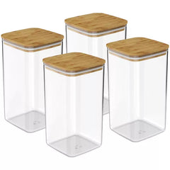 OU Airtight Food Storage Container Set 8pc (set of 4) Clear Plastic Storage Container with Leak Proof Bamboo Lid, Stackable Kitchen Pantry Organizer