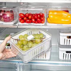 OU Fridge Organizer Bins with Drain Baskets & Vented Lids, Clear Stackable Refrigerator Storage Container, Produce Kitchen Storage Bin