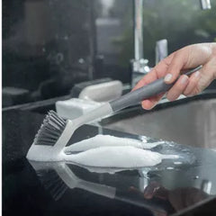 OU Cleaning Scrub Brush, Heavy Duty Cleaning Scrubber Brush for Bathroom & Kitchen, Nonslip Soft Silicone Grip Handle & Built-In Scraper