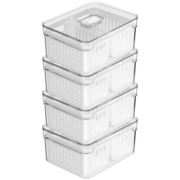 OU Clear Fridge Organizer Set, 4 Pack Stackable Produce Bins with Dual Removable Basket Drainers, BPA Free Fridge Storage for Fruits & Veggies, 74.3oz