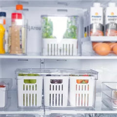 OU Fridge Organizer Bin with Drain Baskets & Vented Lid, 5.3qt Clear Stackable Refrigerator Storage Bin, Produce Kitchen Storage Container, BPA Free