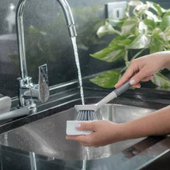 OU Cleaning Scrub Brush, Heavy Duty Cleaning Scrubber Brush for Bathroom & Kitchen, Nonslip Soft Silicone Grip Handle & Built-In Scraper