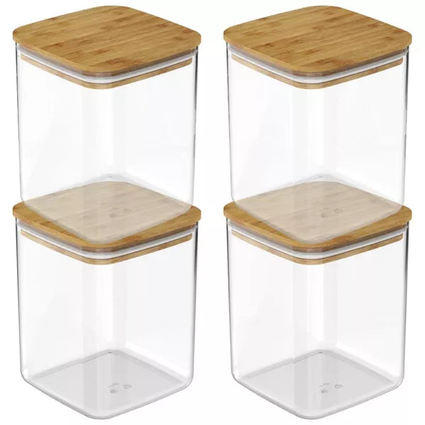 OU Airtight Food Storage Container Set 8pc (set of 4) Clear Plastic Storage Container with Leak Proof Bamboo Lid, Stackable Kitchen Pantry Organizer