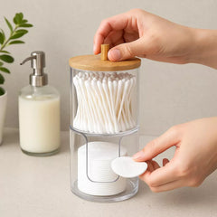 Acrylic Q tip Dispenser and Cotton Pad Holder with Bamboo Lid, 2 Tier Nonslip Round Bathroom Organizer Jars for Cotton Balls, Swabs, Makeup Pads