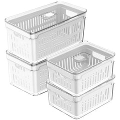 OU Fridge Organizer Bins with Drain Basket & Vented Lid, Clear Stackable Refrigerator Storage Container, Produce Kitchen Storage Bin, BPA Free, 4 Pack