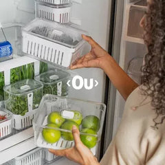 OU Fridge Organizer Bin with Drain Basket & Vented Lid, 2.3 qt Clear Stackable Refrigerator Storage Container, Produce Kitchen Storage Bin, BPA Free