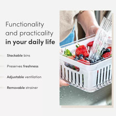 OU Fridge Organizer Bins with Drain Baskets & Vented Lids, Clear Stackable Refrigerator Storage Container, Produce Kitchen Storage Bin