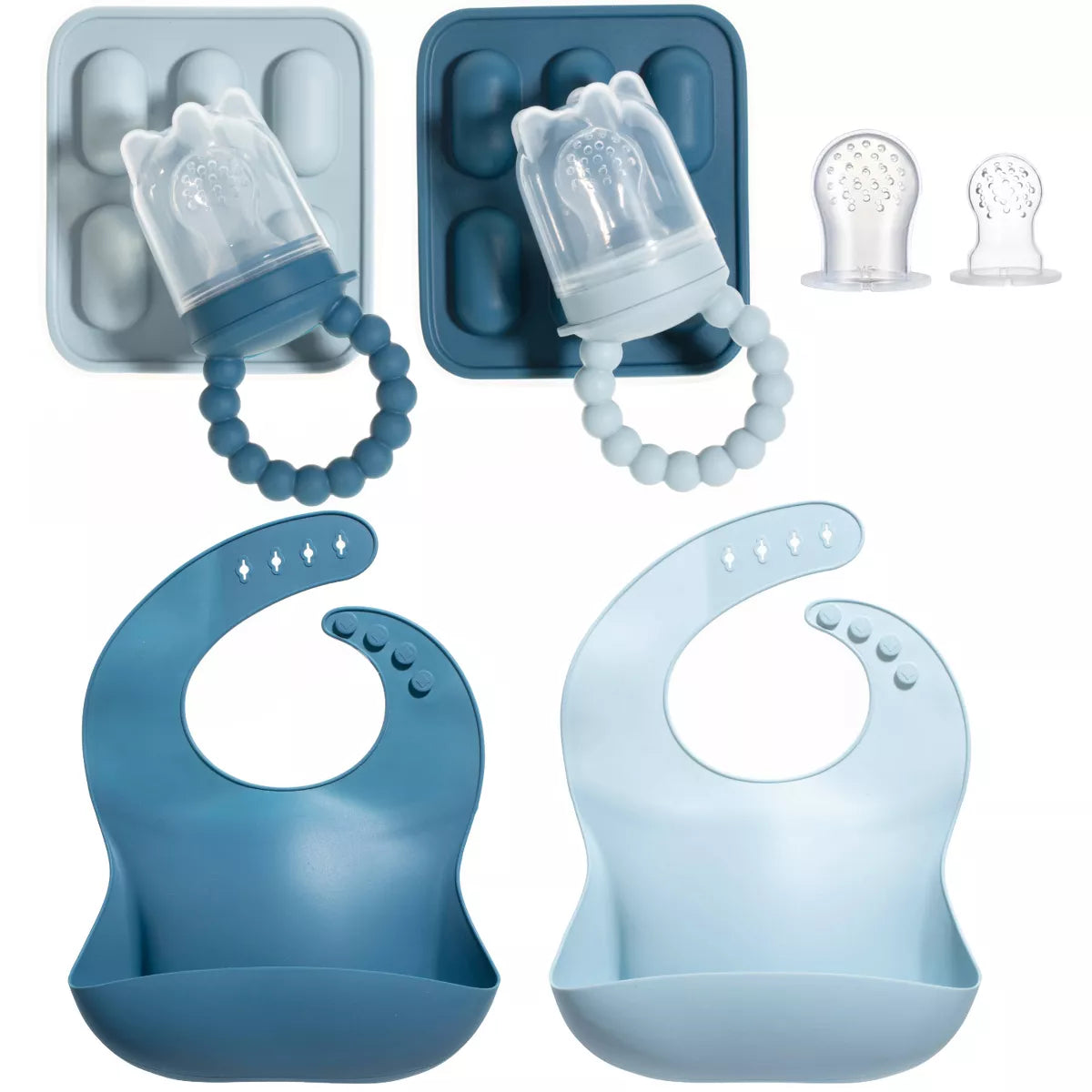 Silicone Baby Fruit Feeders and Baby Bibs Set - First Stage Baby Must-Haves, Gum-Friendly, BPA-Free, Easy to Clean Feeding Accessories for Infants
