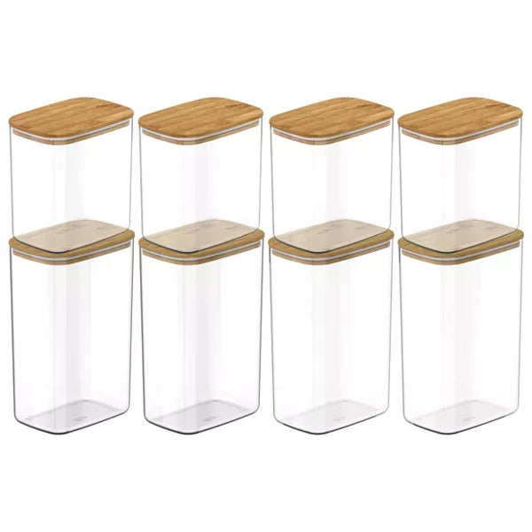 OU Food Storage Container Set 16pc (set of 8) Clear Airtight Plastic Containers, Leak Proof Bamboo Lids, Stackable Kitchen Pantry Organizer Jars