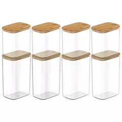 OU Food Storage Container Set 16pc (set of 8) Clear Airtight Plastic Containers, Leak Proof Bamboo Lids, Stackable Kitchen Pantry Organizer Jars