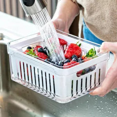 OU Fridge Organizer Bin with Drain Basket & Vented Lid, 2.3 qt Clear Stackable Refrigerator Storage Container, Produce Kitchen Storage Bin, BPA Free